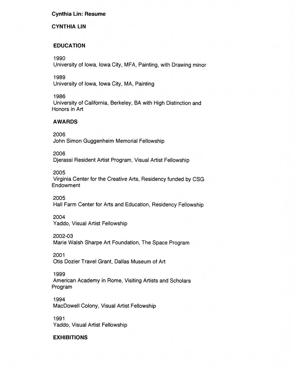 Cynthia Lin's Resume, pg 1
